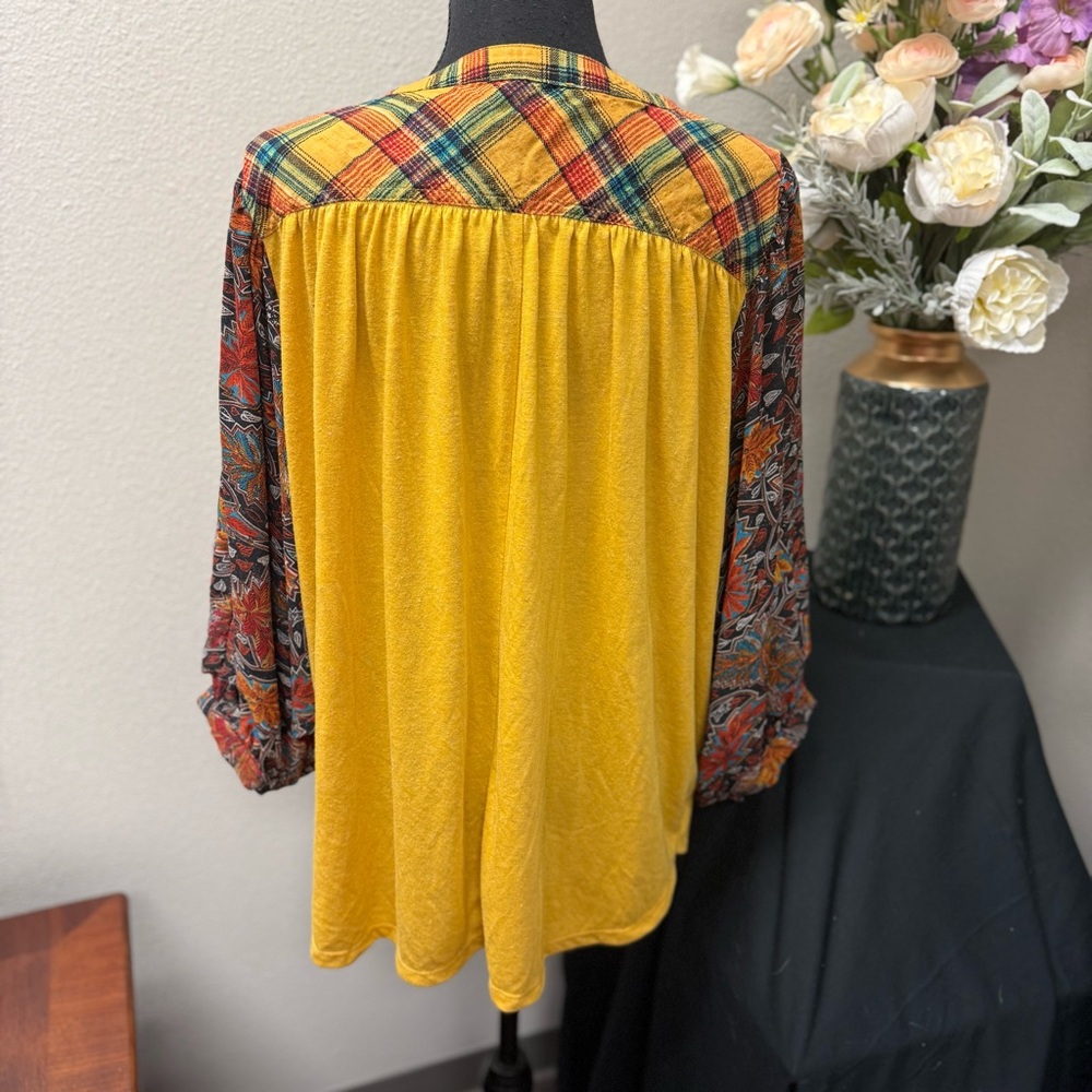 Umgee USA Mustard Boho Blouse - Plaid Trim & Paisley Sleeves | Size Large - Picture 3 of 7